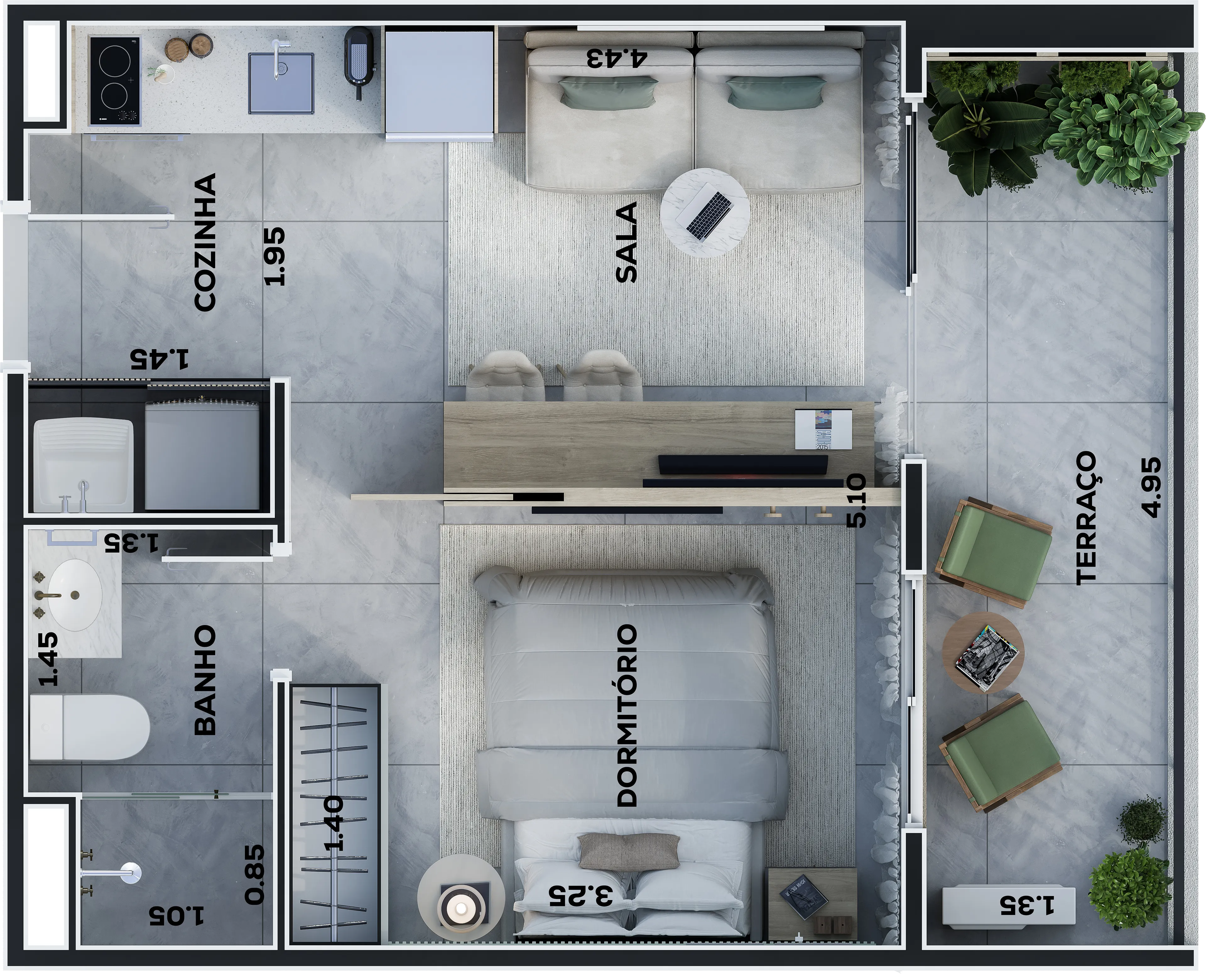 Planta do apartamento de 1 dormitório